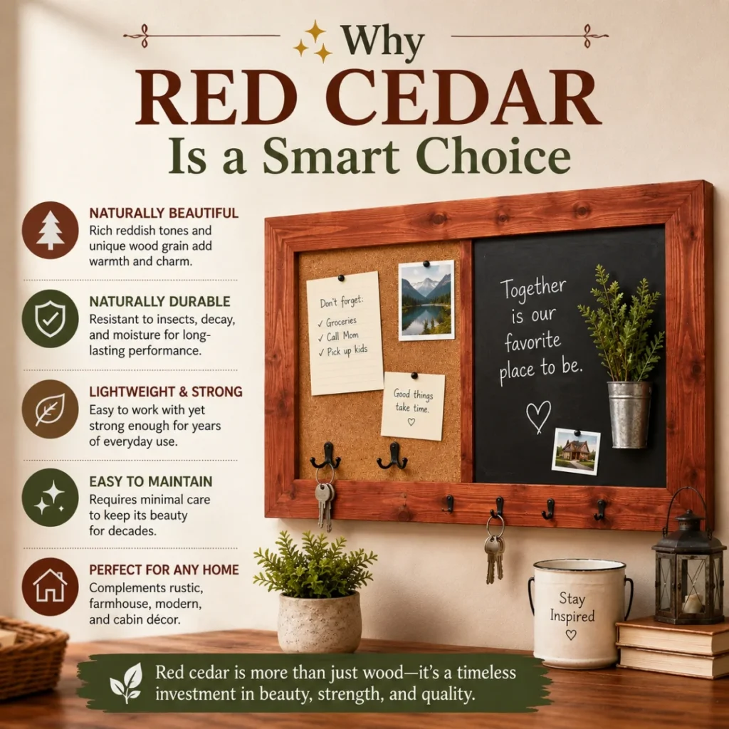 Red cedar message board infographic showing benefits like durability, natural beauty, easy care, and rustic home style