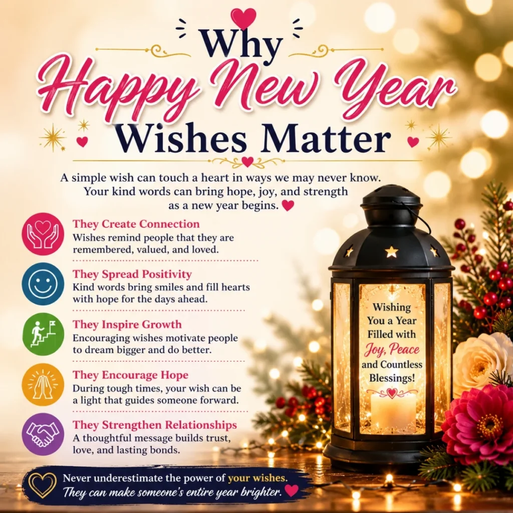 Why Happy New Year Wishes Matter infographic with inspiring messages, hope, positivity, and meaningful New Year blessings