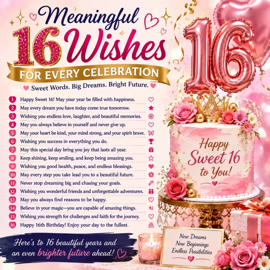 Meaningful 16 wishes birthday image with pink cake, balloons, flowers, and Sweet 16 celebration messages