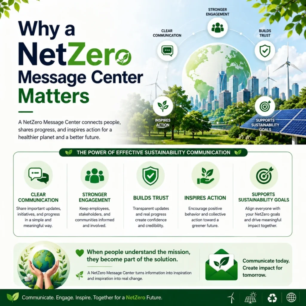 Why a NetZero Message Center Matters infographic showing sustainability communication, trust, engagement, and green goals