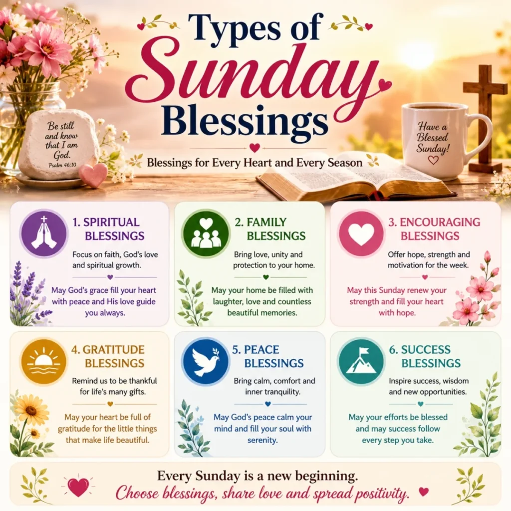 Types of Sunday blessings infographic with spiritual, family, peace, gratitude, and success messages