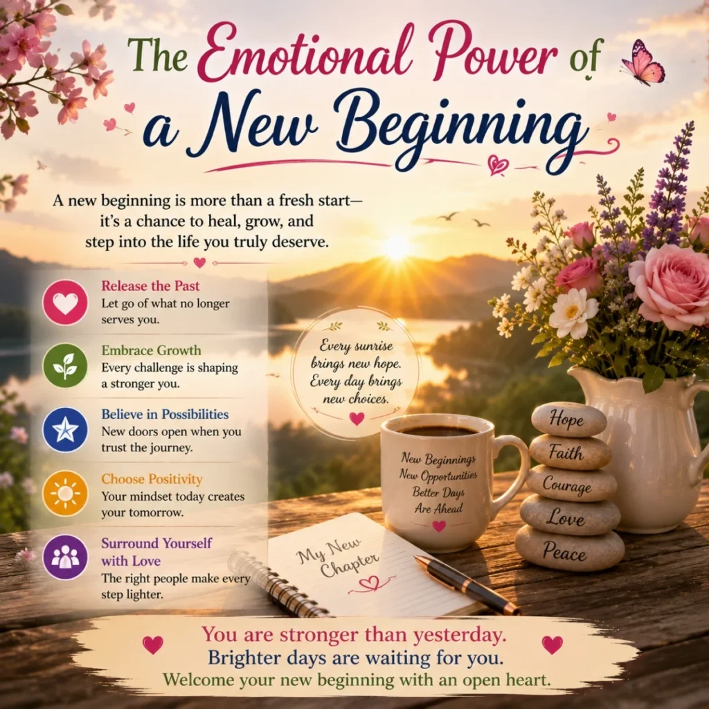 The emotional power of a new beginning image with sunrise, flowers, journal, coffee, and inspiring New Year message