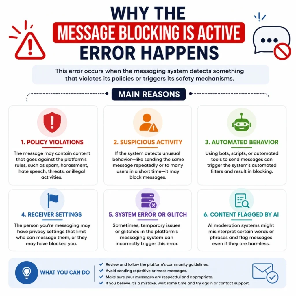 Why the Message Blocking Is Active error infographic explaining common causes and troubleshooting tips
