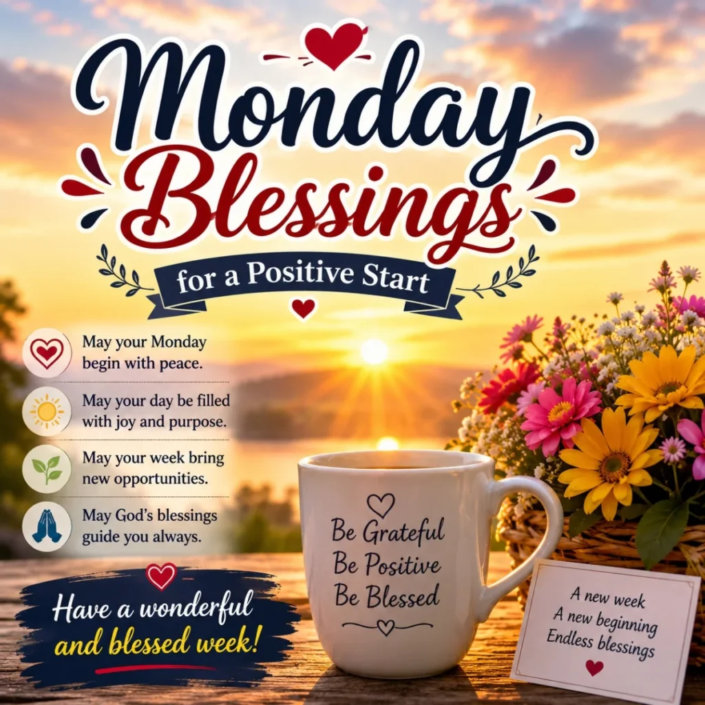 Monday Blessings for a Positive Start image with sunrise, flowers, coffee mug, and inspirational morning message