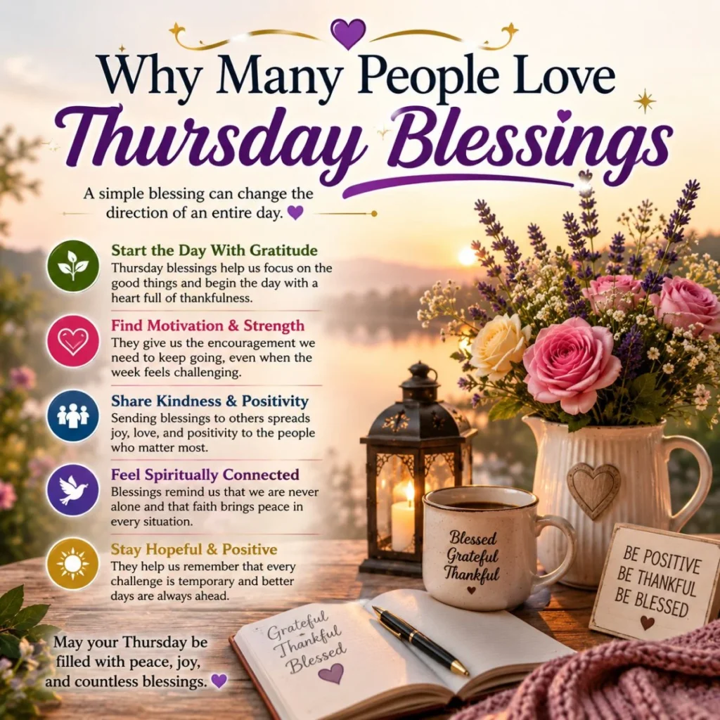 Why many people love Thursday blessings image with sunrise, flowers, coffee, and messages of hope and gratitude
