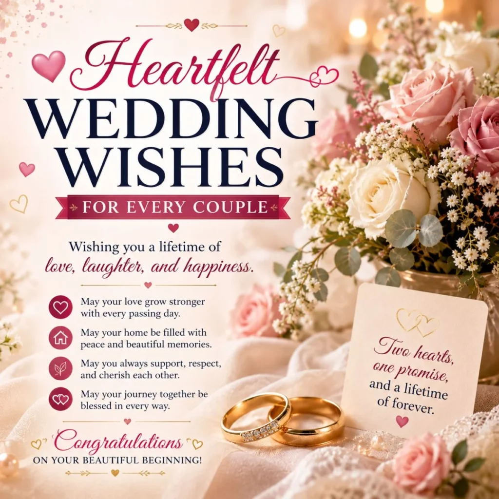Heartfelt wedding wishes image with roses, wedding rings, and romantic blessings for every couple