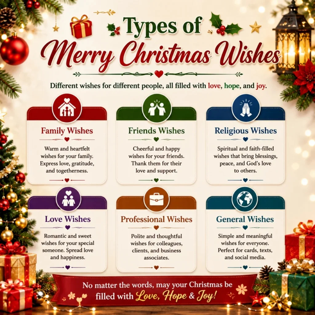 Types of Merry Christmas wishes infographic with family, friends, religious, love, professional and general greetings