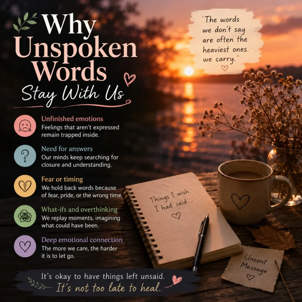 Why unspoken words stay with us illustration featuring journal, sunset, and emotional healing reflections