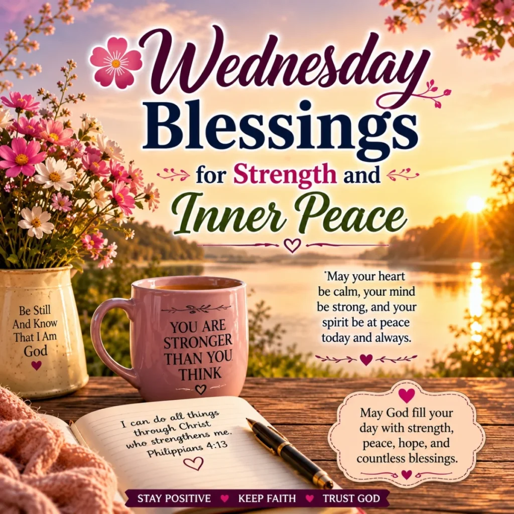 Wednesday blessings for strength and inner peace with sunrise, flowers, coffee mug, and inspirational quotes