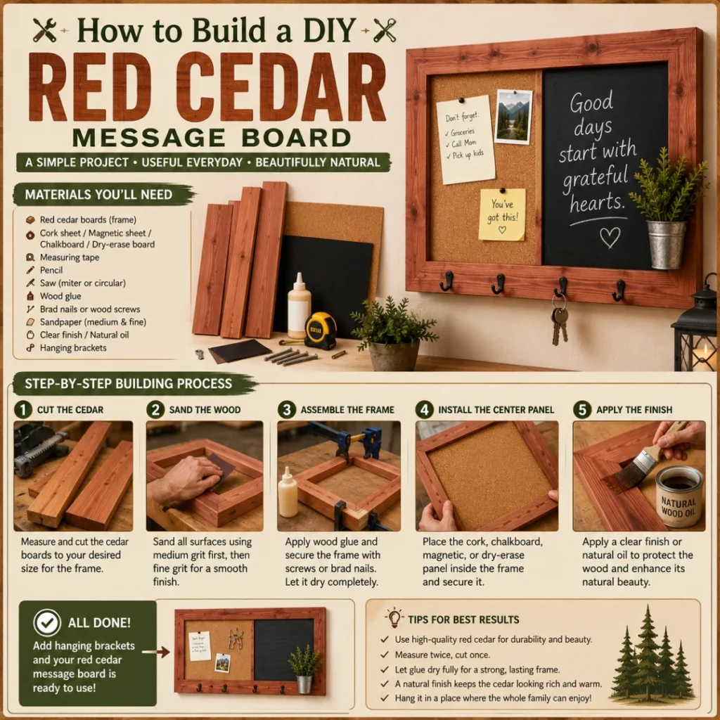 How to build a DIY red cedar message board infographic with tools, cedar wood, step-by-step guide, and finished board