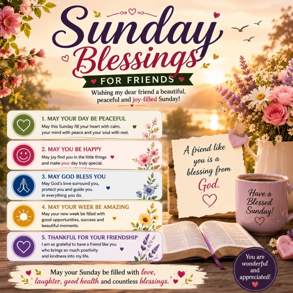 Sunday blessings for friends image with flowers, Bible, coffee cup, and heartfelt friendship messages
