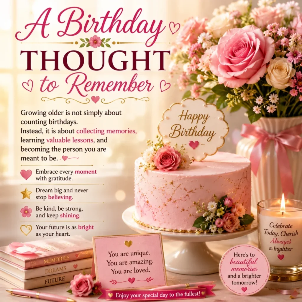 Birthday thought to remember image with pink cake, roses, candle, and inspirational birthday message