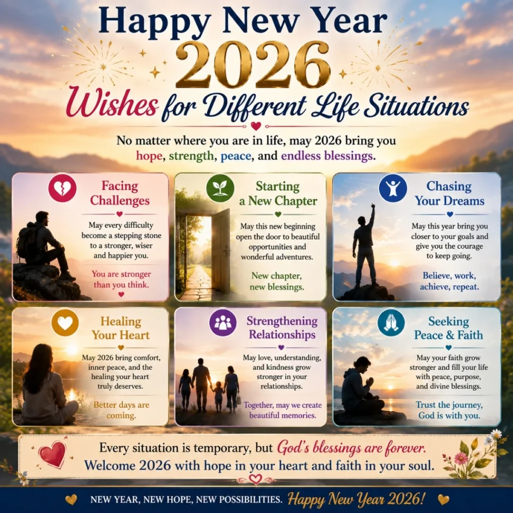 Happy New Year 2026 wishes for different life situations with hope, faith, healing, family, and success messages