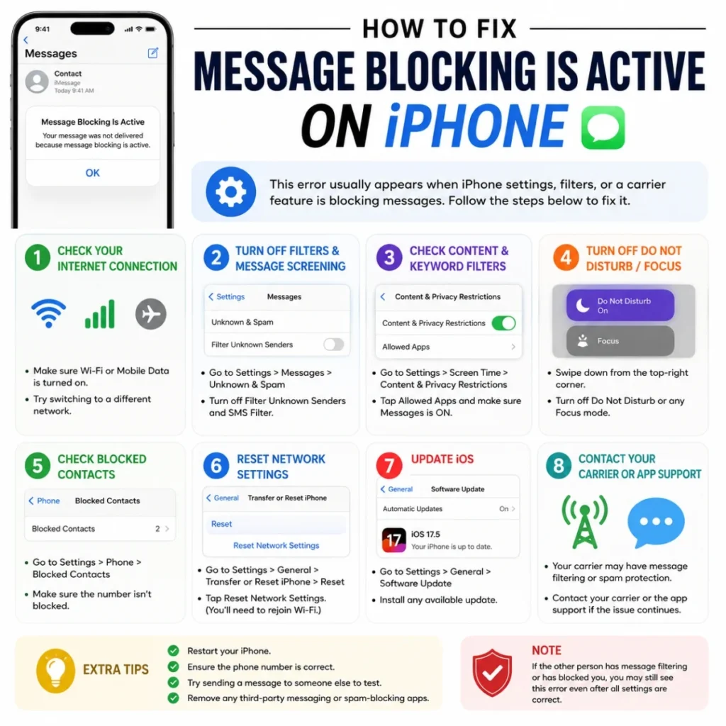 How to fix Message Blocking Is Active on iPhone with step-by-step troubleshooting guide