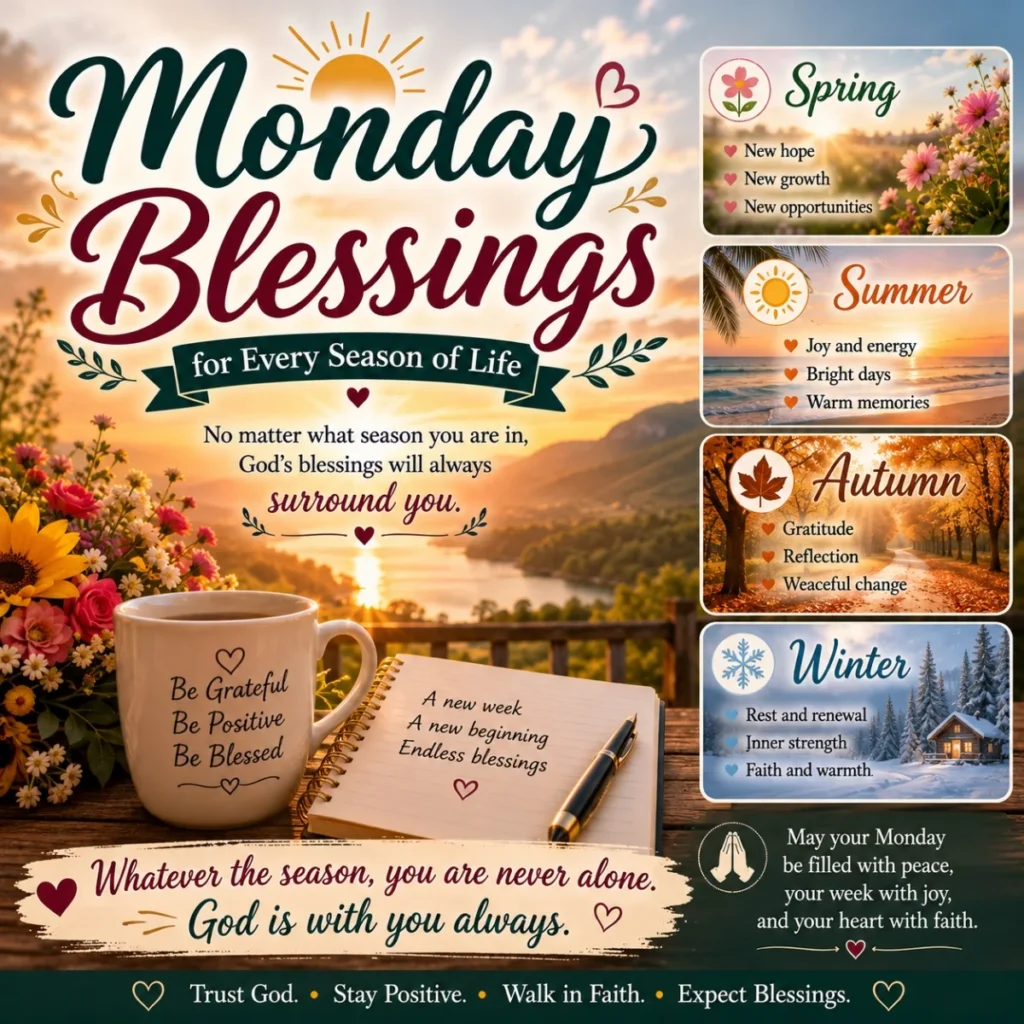 Monday Blessings for Every Season of Life image with sunrise, flowers, coffee mug, and inspiring seasonal blessings
