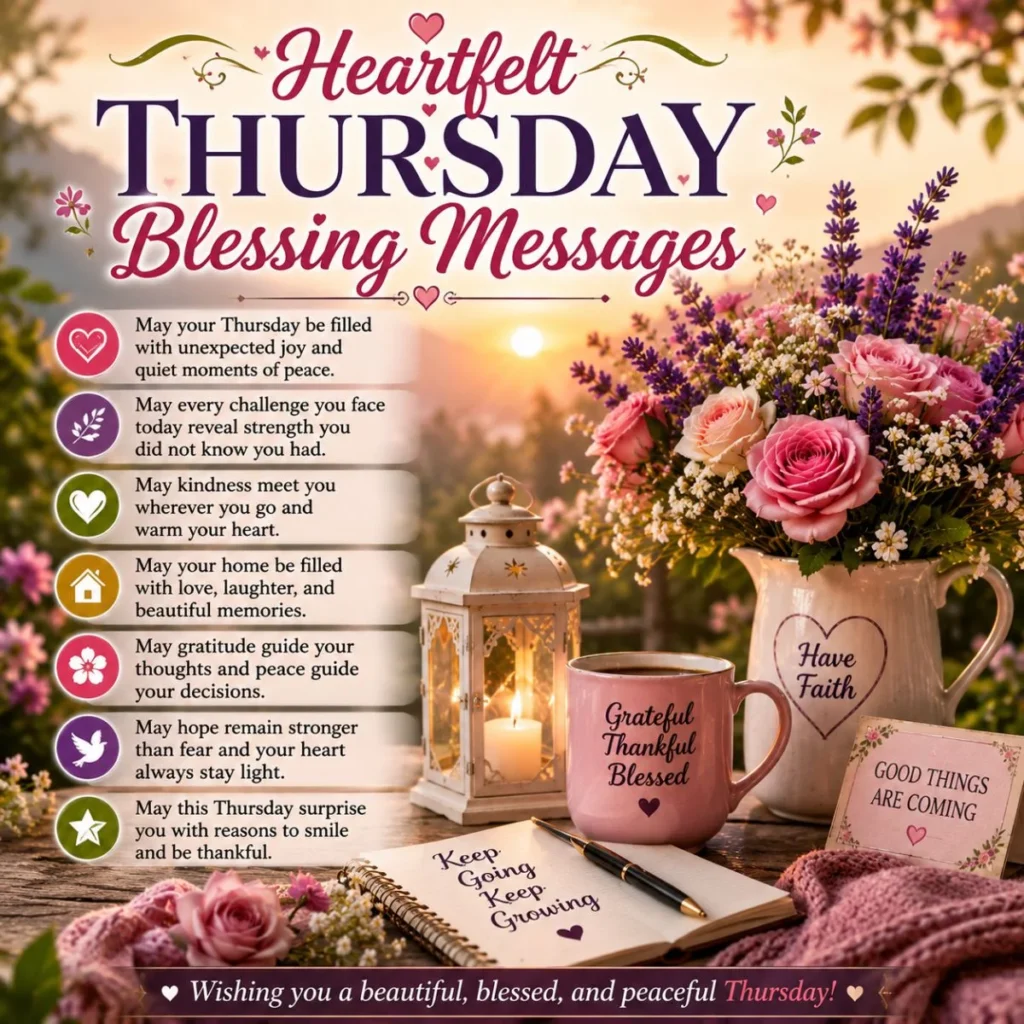Heartfelt Thursday blessing messages image with flowers, sunrise, coffee, and inspiring words of hope