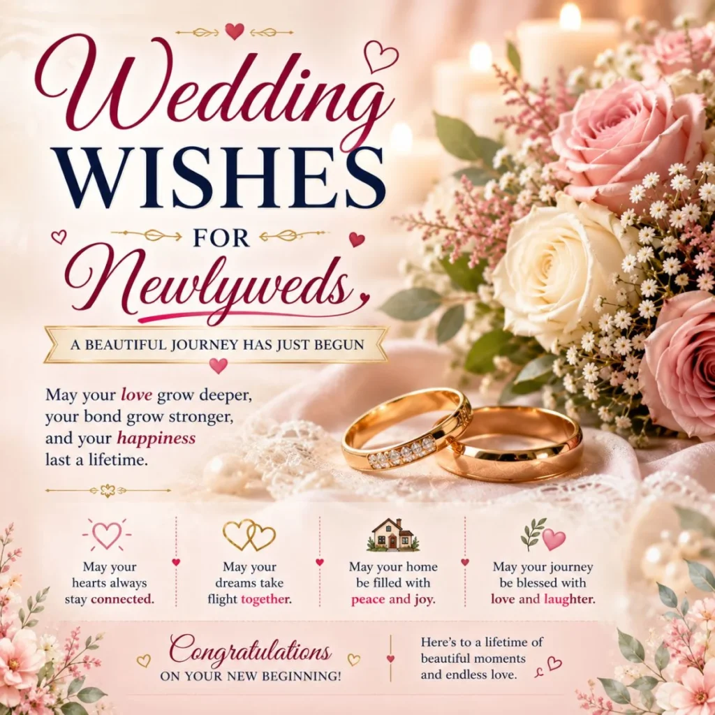 Wedding wishes for newlyweds image with wedding rings, roses, and heartfelt blessings for a new journey