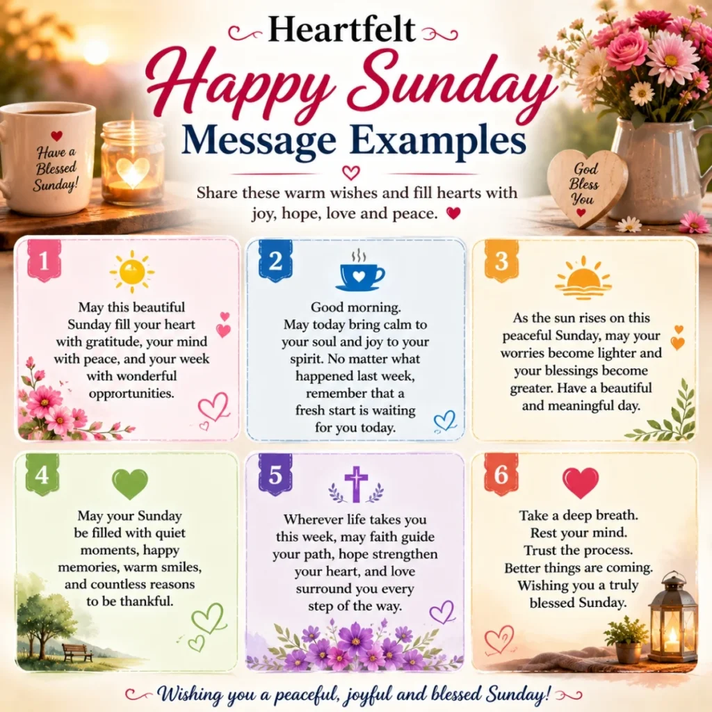 Heartfelt happy Sunday message examples with blessings, prayers, flowers, sunrise, and inspirational wishes