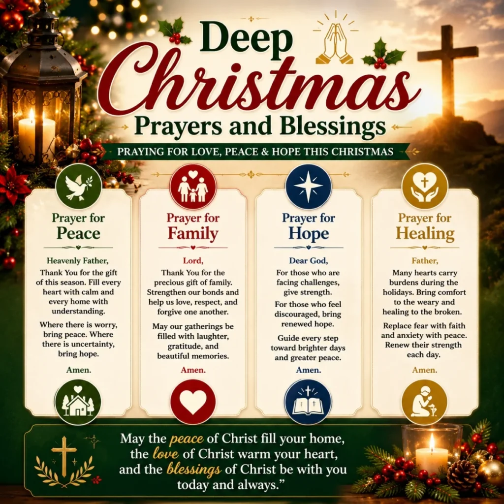 Deep Christmas prayers and blessings infographic with prayers for peace, family, hope, and healing