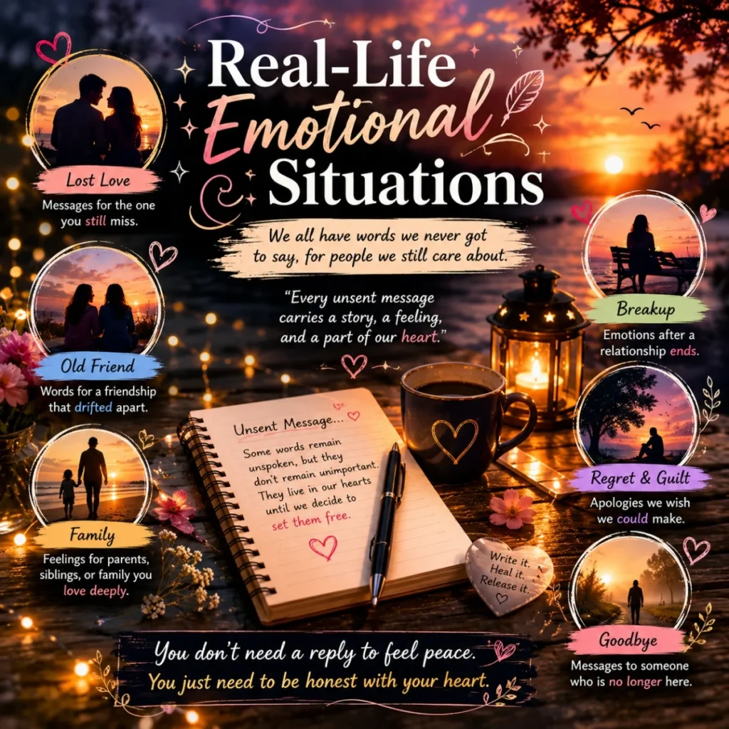 Real-life emotional situations illustration with unsent messages, lost love, friendship, family, and healing themes