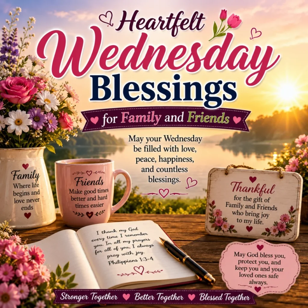 Heartfelt Wednesday blessings for family and friends with sunrise, flowers, and inspiring messages of love and gratitude