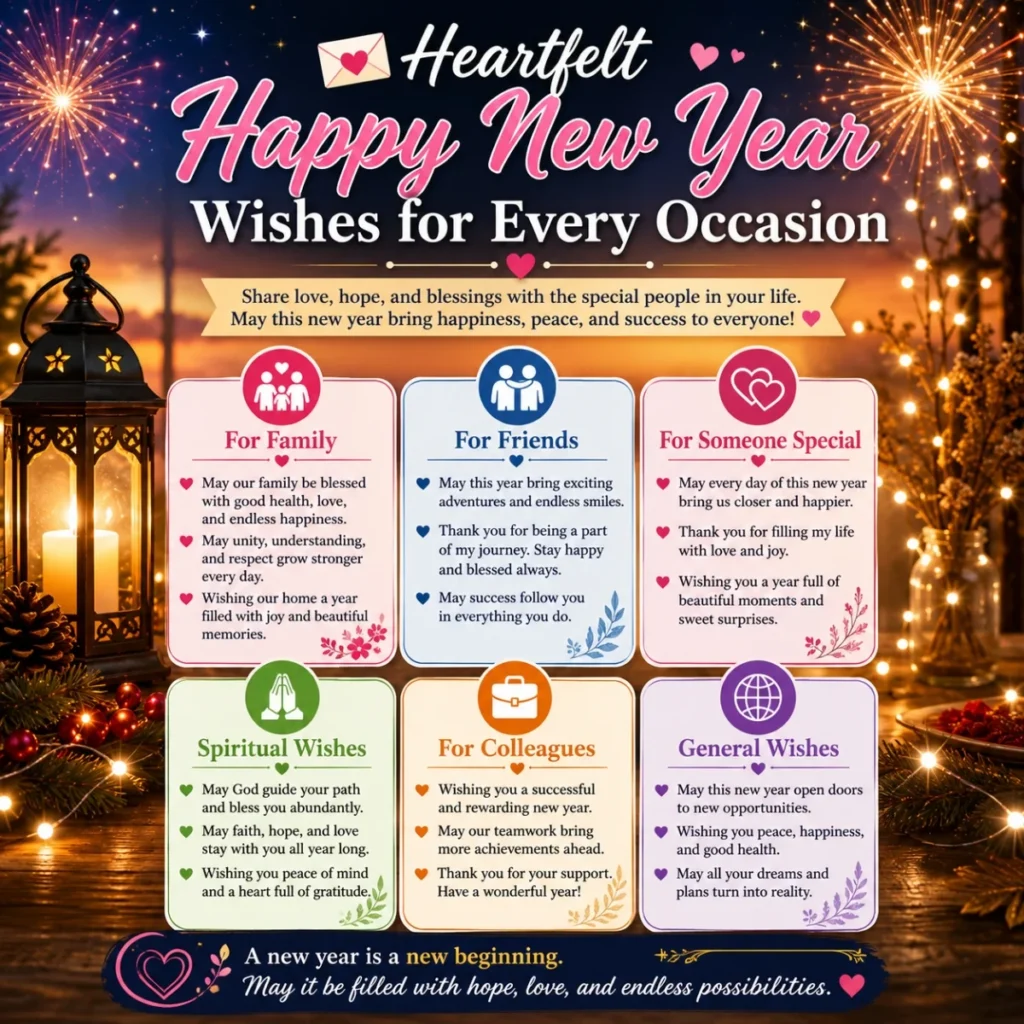 Heartfelt Happy New Year wishes for every occasion with blessings for family, friends, love, faith, and success