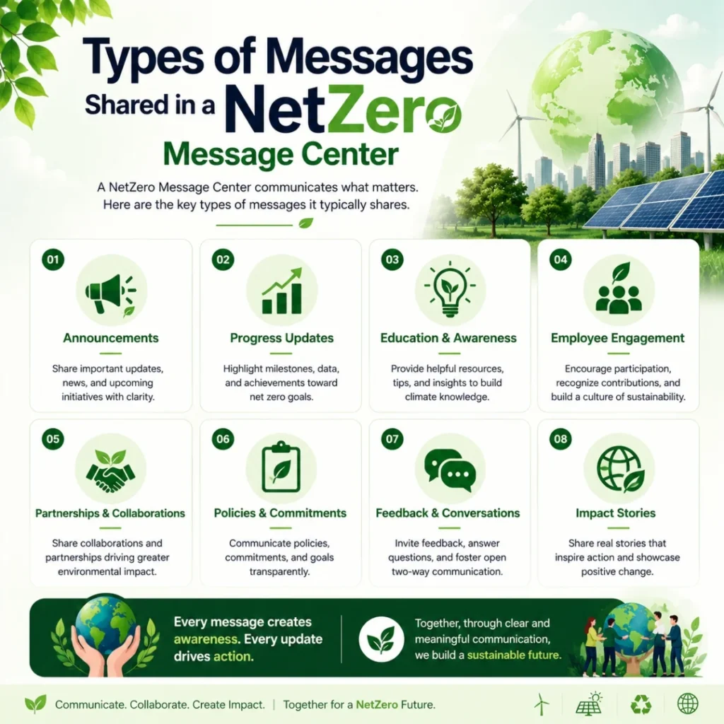 Types of messages shared in a NetZero Message Center infographic with sustainability updates and engagement icons