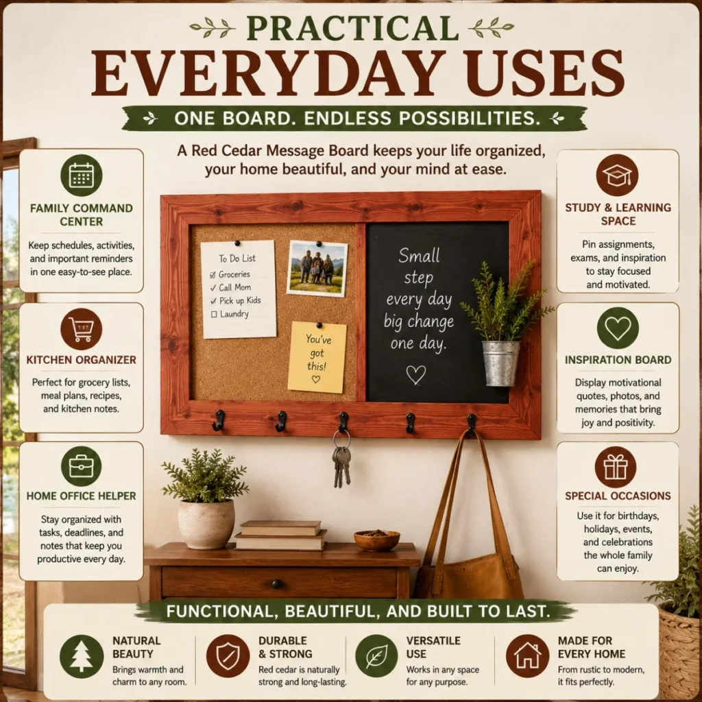 Practical everyday uses of a red cedar message board for family schedules, kitchen notes, office tasks, and inspiration