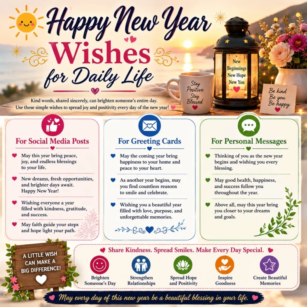 Happy New Year wishes for daily life with positive messages, blessings, greeting cards, and social media inspiration