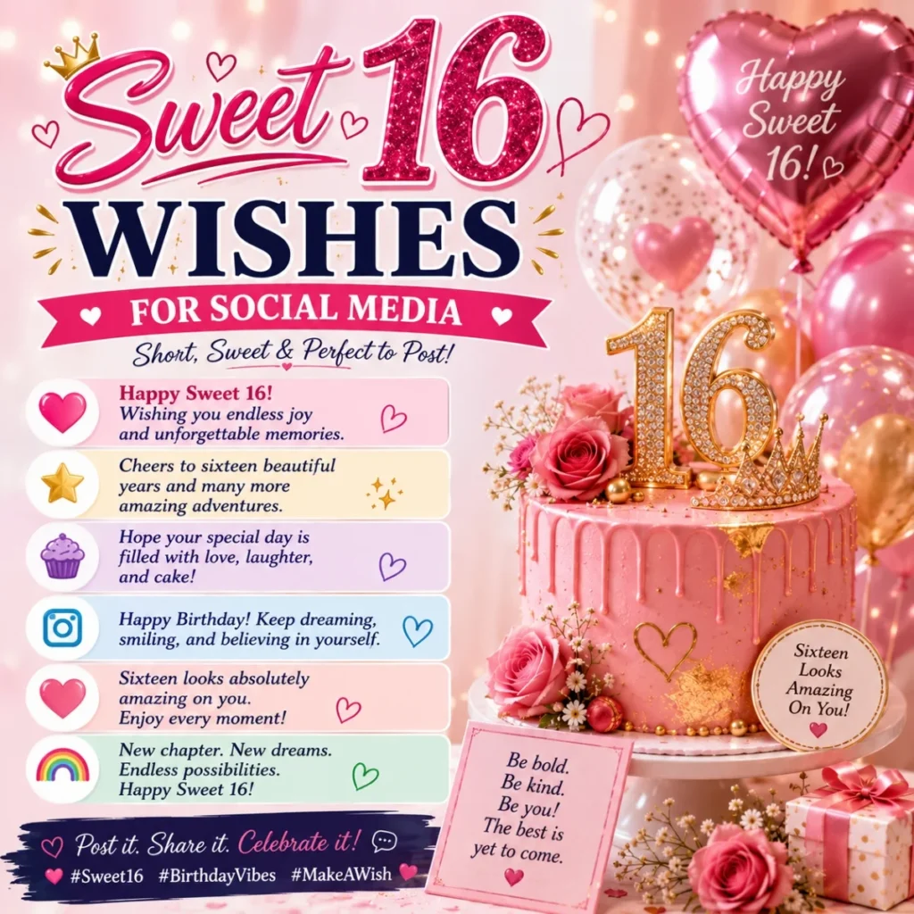 Sweet 16 wishes for social media image with pink birthday cake, balloons, flowers, and shareable birthday messages