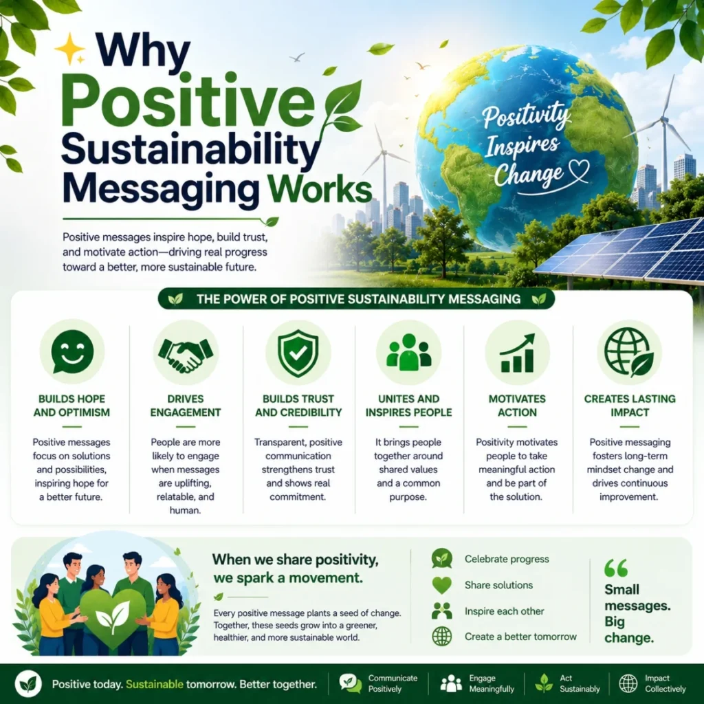 Positive sustainability messaging infographic showing hope, trust, engagement, action, and long-term green impact