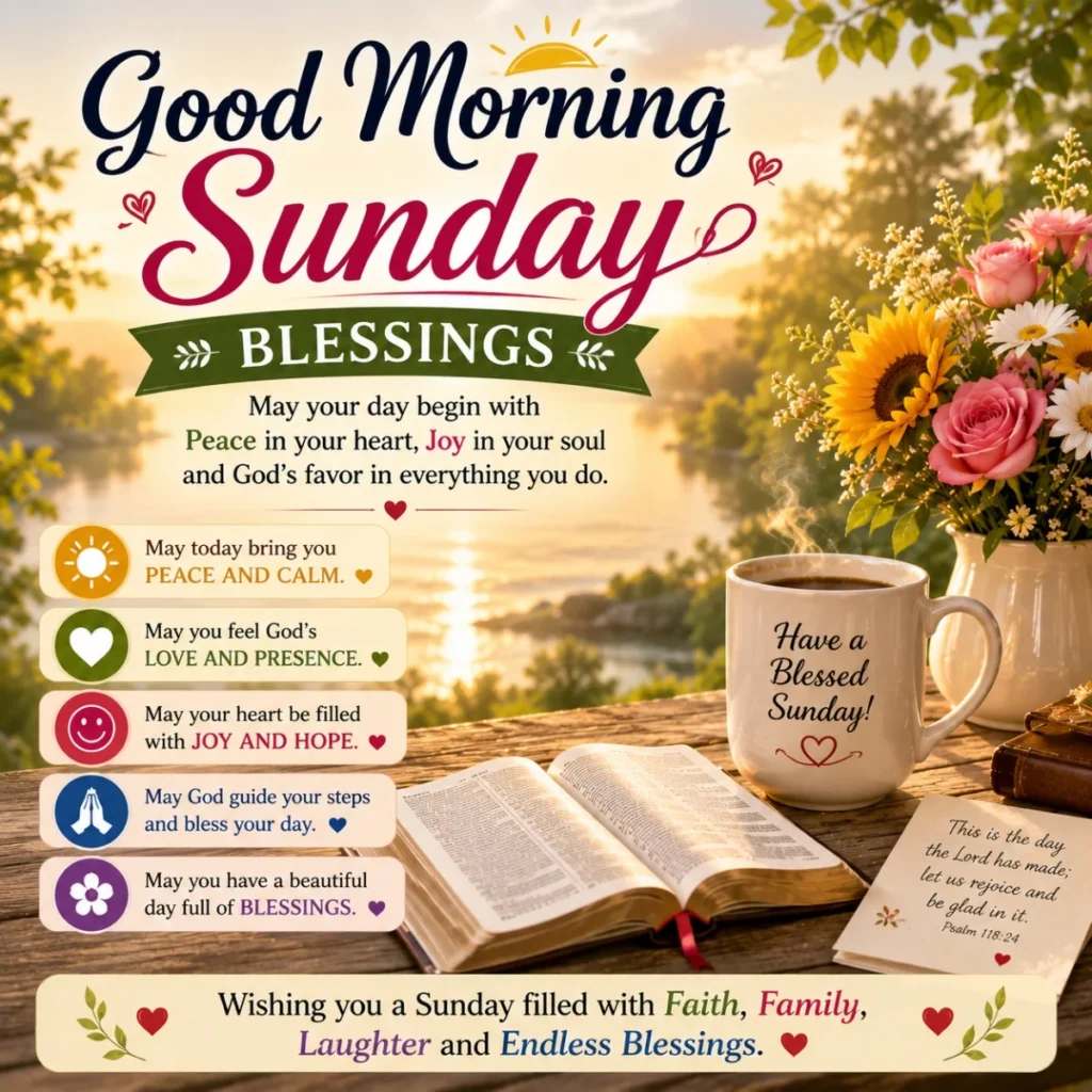 Good morning Sunday blessings image with sunrise, Bible, coffee cup, flowers, peace, joy, and faith message
