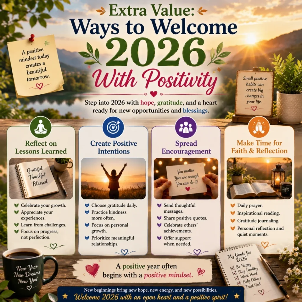 Ways to welcome 2026 with positivity image featuring gratitude, faith, goals, encouragement, and hopeful New Year habits