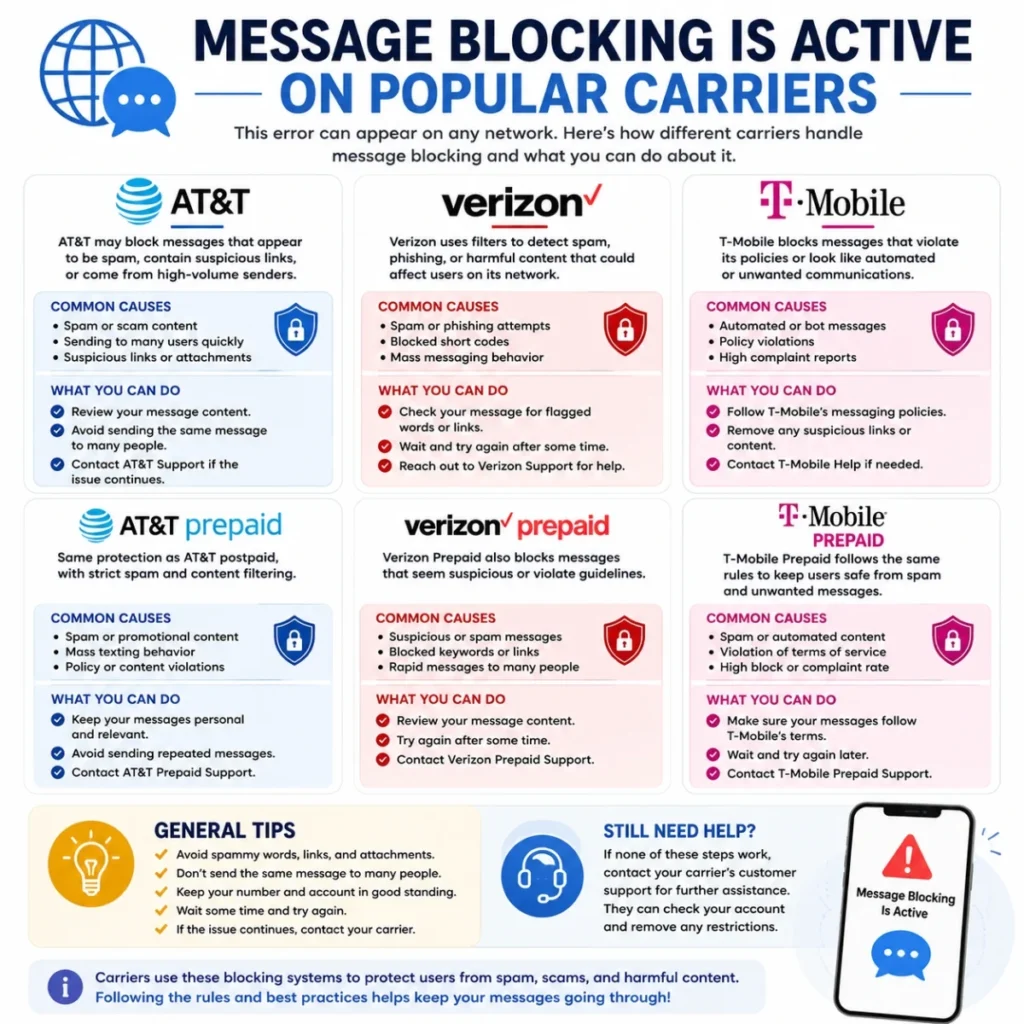 Message Blocking Is Active on popular carriers infographic with network-specific causes and troubleshooting tips