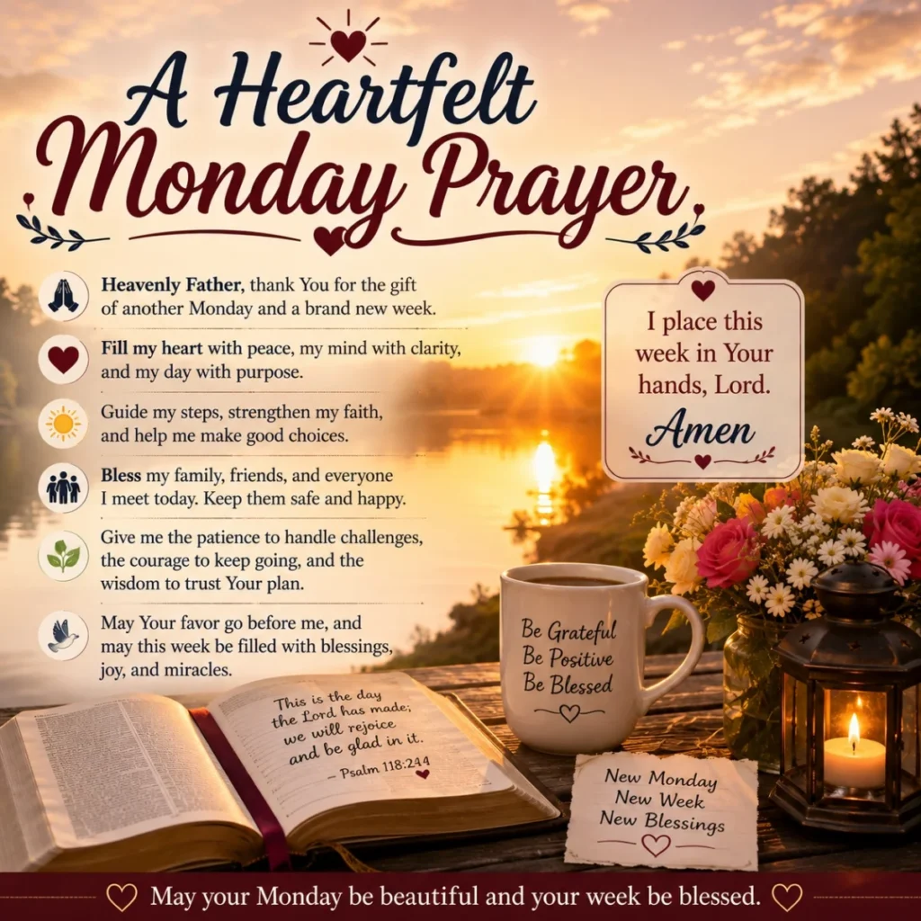 A Heartfelt Monday Prayer image with sunrise, Bible, candle, flowers, and peaceful morning prayer for a blessed week