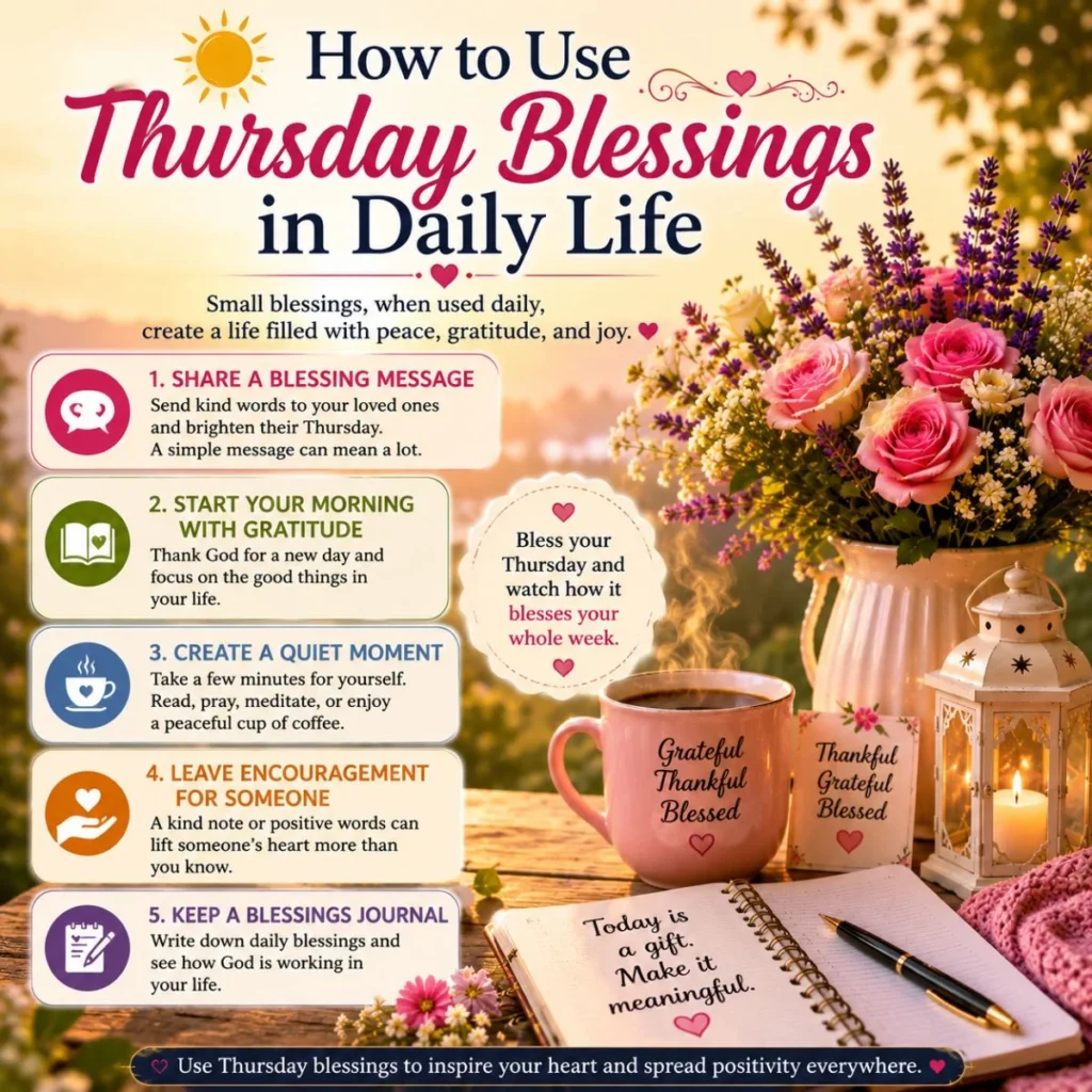 How to use Thursday blessings in daily life image with sunrise, coffee, flowers, and gratitude tips