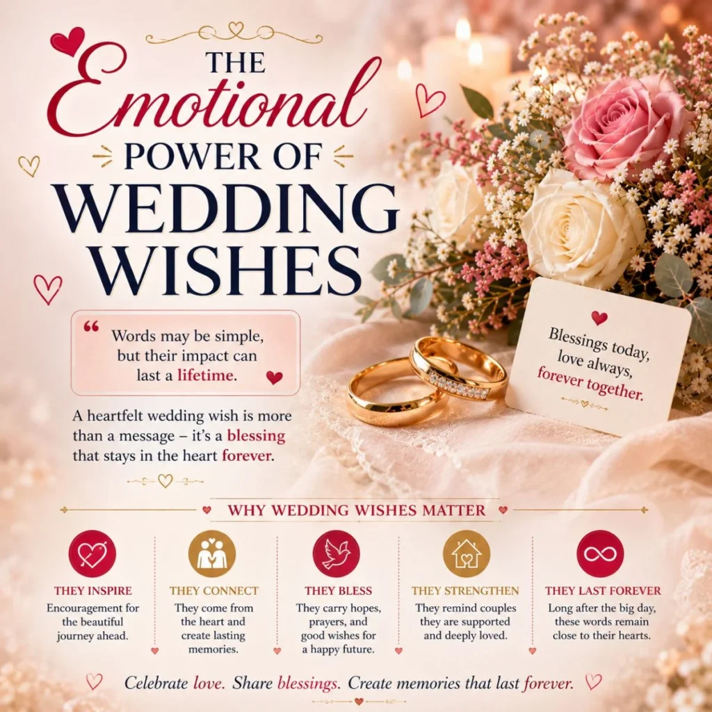 Emotional power of wedding wishes image with roses, wedding rings, and heartfelt blessings for couples