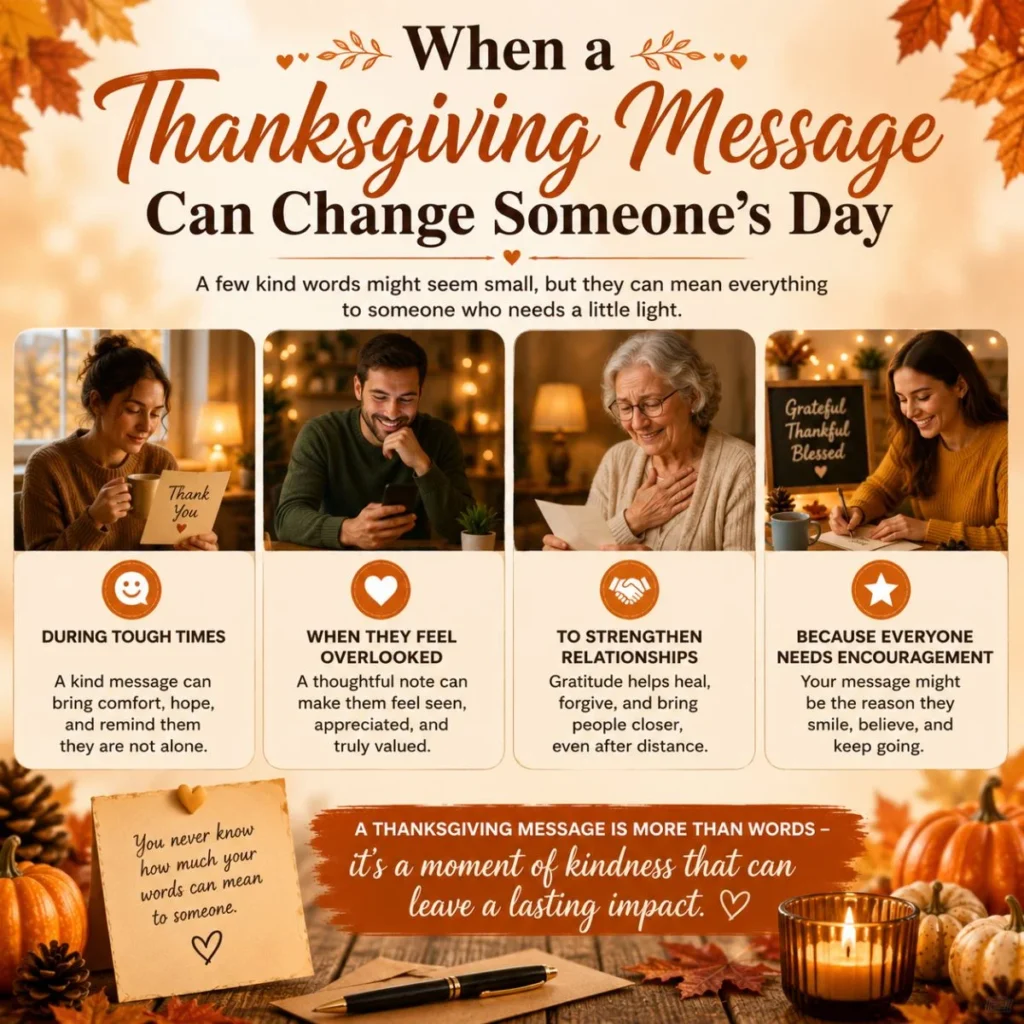 Thanksgiving message infographic showing how kind words bring comfort, gratitude, and emotional connection