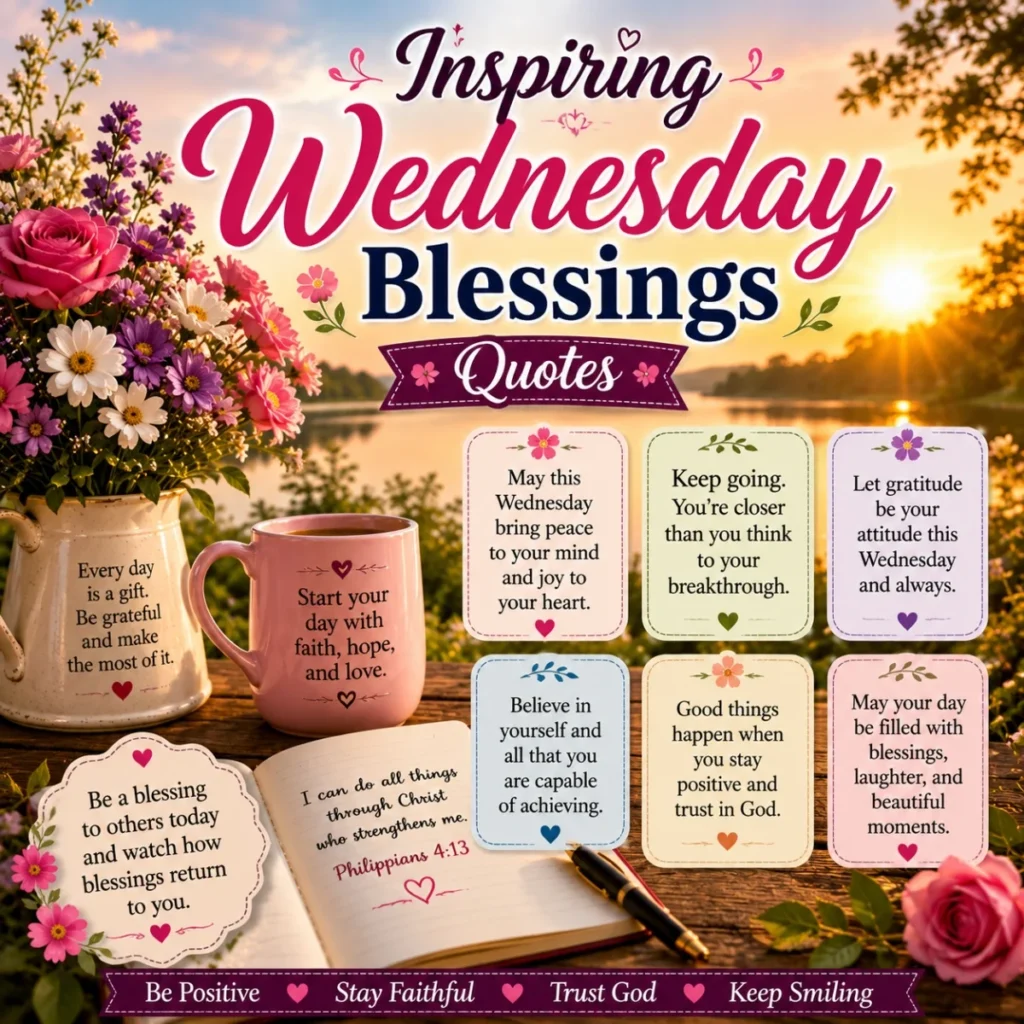 Inspiring Wednesday blessings quotes image with sunrise, flowers, uplifting messages, and peaceful faith-filled inspiration