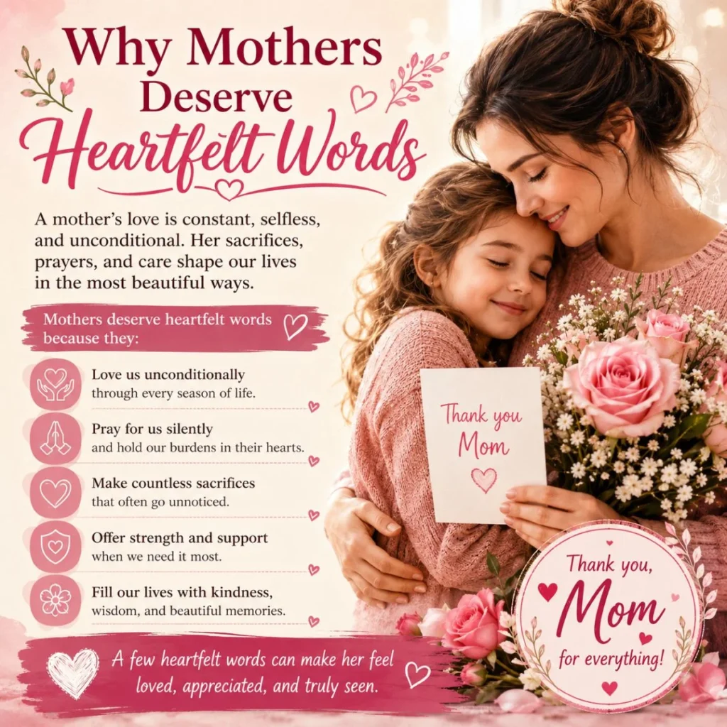 Mother and daughter sharing a loving hug with pink roses and a heartfelt Mother’s Day thank-you message.