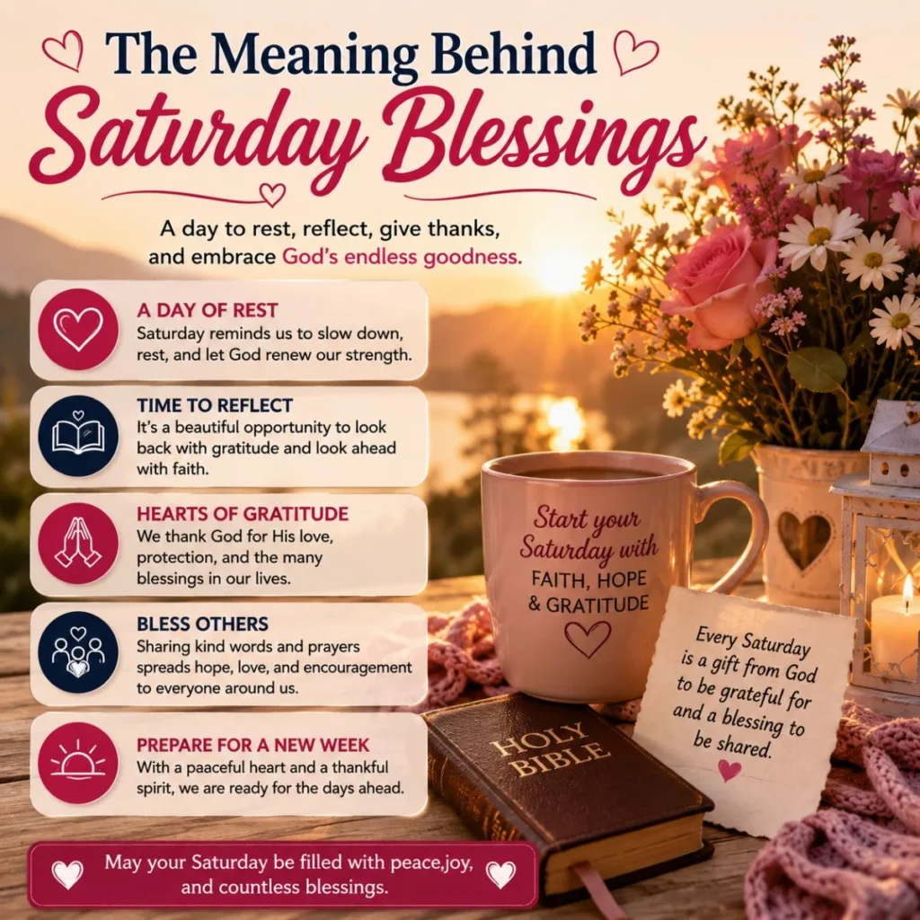 The meaning behind Saturday blessings with sunrise, Bible, flowers, coffee, and peaceful faith-inspired reflections.