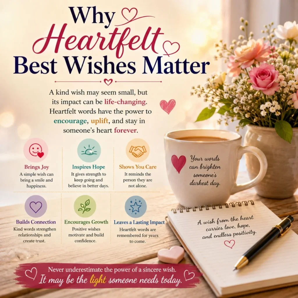 Heartfelt best wishes infographic with flowers, warm tea, kind messages, and symbols of hope, joy, and connection.