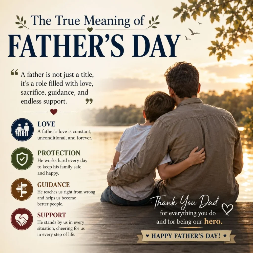 The true meaning of Father's Day illustrated with a father and son at sunset, celebrating love, guidance, protection, and support.