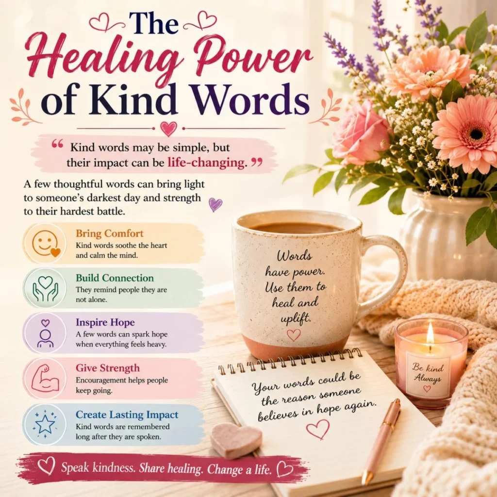 Healing power of kind words infographic with flowers, tea, candle, notebook, and messages of comfort and hope.