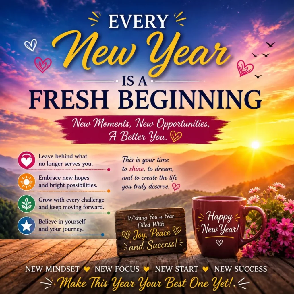 Every New Year is a fresh beginning with sunrise, inspiring quotes, coffee mug, and hopeful wishes for a joyful year.