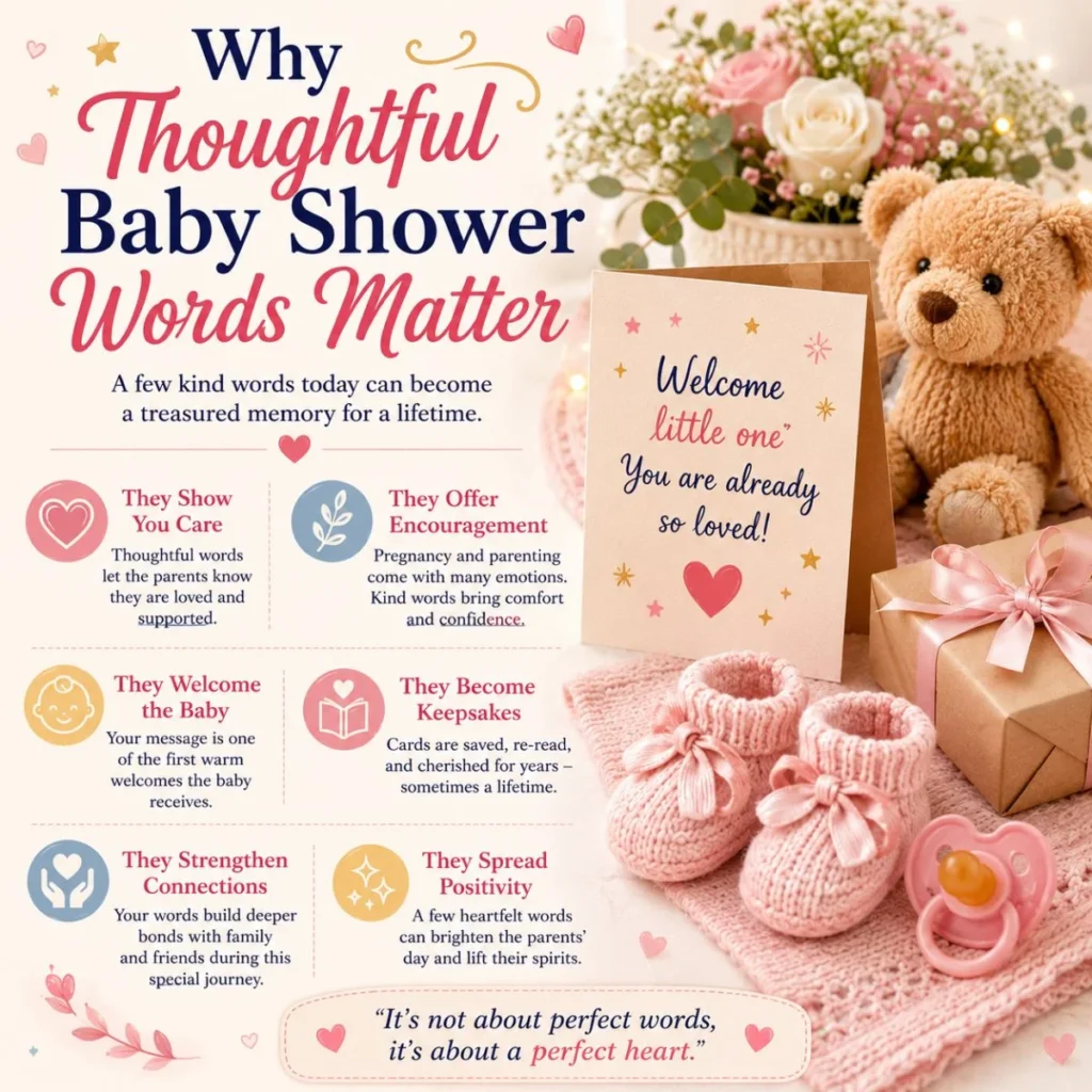 Thoughtful baby shower words with a welcome card, teddy bear, pink baby shoes, flowers, and a wrapped gift.
