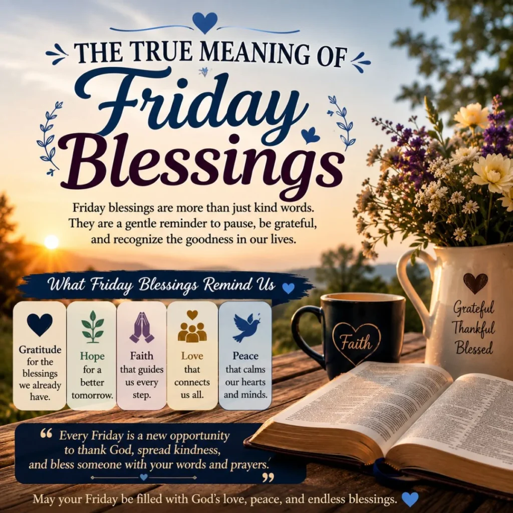 The true meaning of Friday blessings with sunrise, Bible, coffee, faith, gratitude, hope, and peaceful morning inspiration.