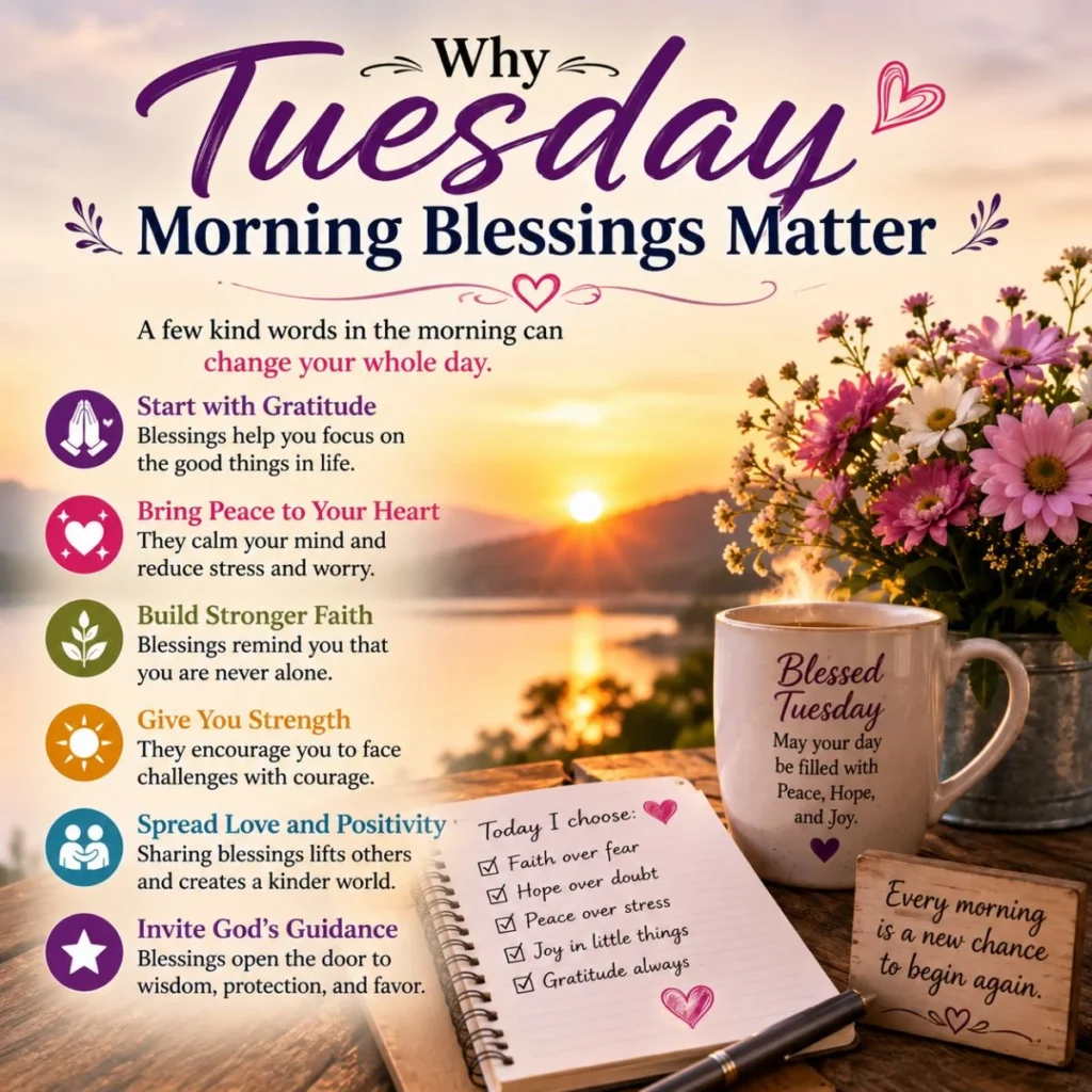 Tuesday morning blessings with sunrise, flowers, coffee, and reasons they bring peace, faith, strength, and hope.