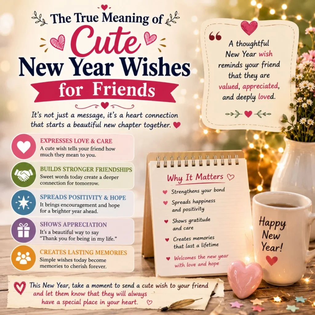 Cute New Year wishes for friends showing love, appreciation, hope, stronger bonds, and lasting memories.