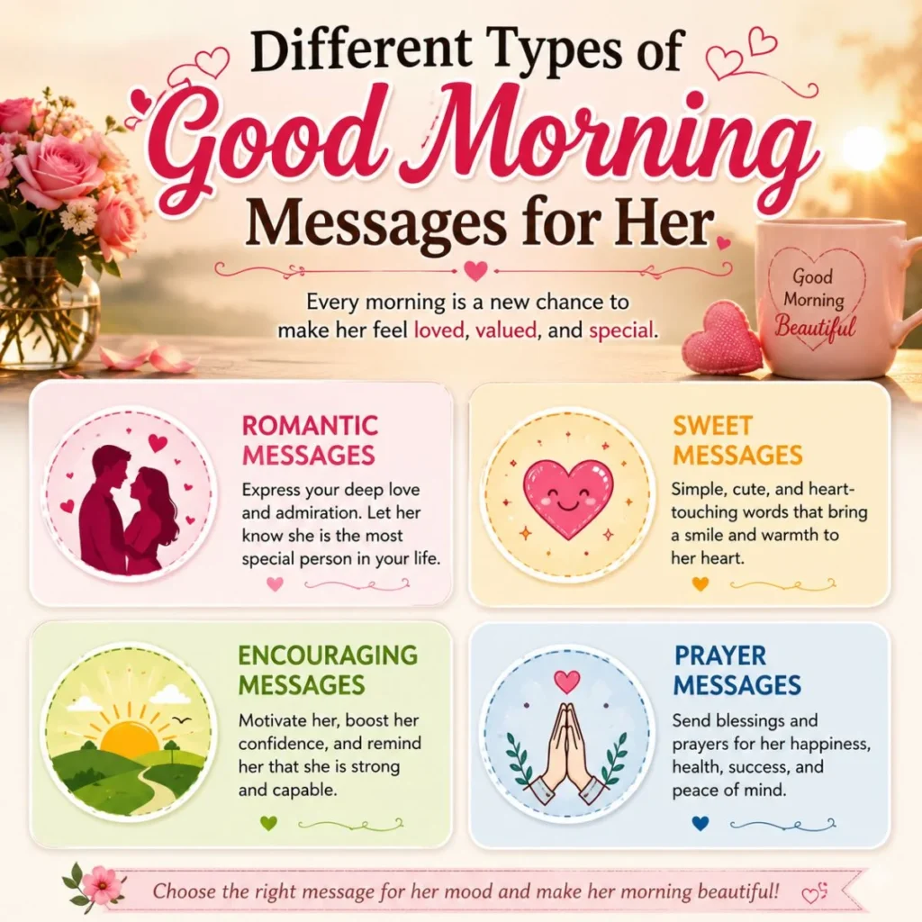 Different types of good morning messages for her, including romantic, sweet, encouraging, and prayer messages.